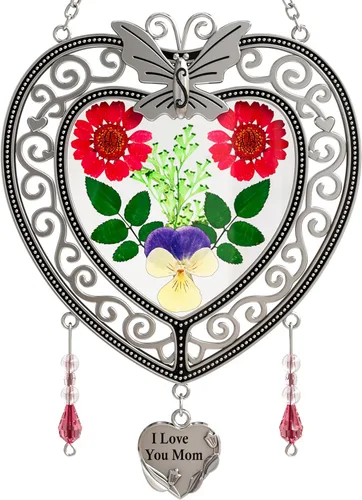 Miniatura 13 de Ky&Bosam - Atrapaluz de cristal, ventana en forma de corazón, con flor prensada, diseño de corazón/ "Mom", regalo para el Día de la Madre, Navidad