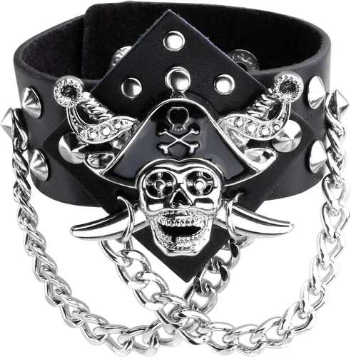 Miniatura 7 de Eigso Pulsera de cuero sintético negro con calavera para hombre y mujer, pulsera ajustable
