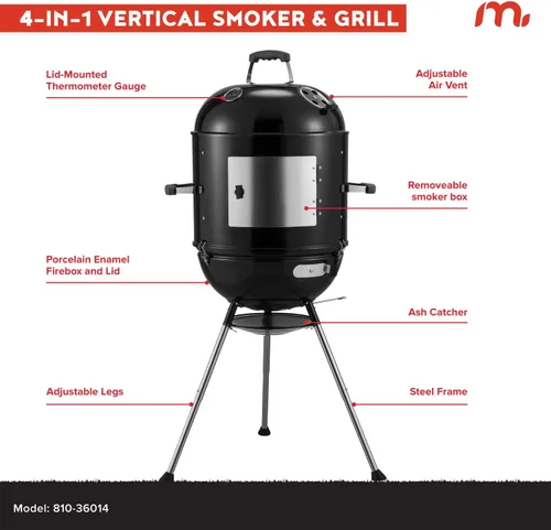 Miniatura 4 de Megamaster Ahumador vertical para barbacoa de carbón de 18 pulgadas, parrilla portátil 4 en 1 para exteriores con ventilación de aire ajustable, 600