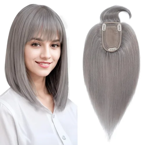 Miniatura 33 de Benehair Peluca de cabello con clip con flequillo, peluca secreta de cabello 100% humano, postizo superior con flecos, peluca de repuesto