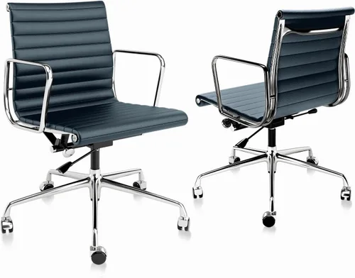 Miniatura 18 de Silla de oficina acanalada con cuero de grano superior, silla de escritorio ergonómica con respaldo alto con brazos y marco de aluminio, ruedas