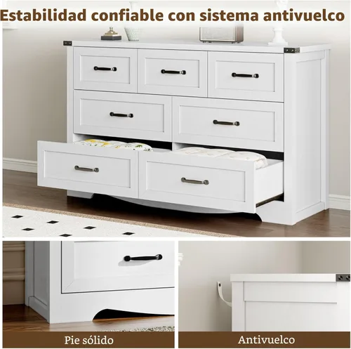 Miniatura 6 de BORNOON - Cómoda de 7 cajones para dormitorio, cómoda de madera moderna con manijas de metal, diseño antivuelco, organizador de almacenamiento Blanco