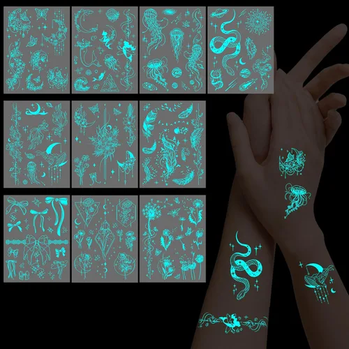Konsait 10 hojas de tatuajes temporales que brillan en la oscuridad para mujeres y niñas, tatuajes faciales brillantes para niños, serpiente,