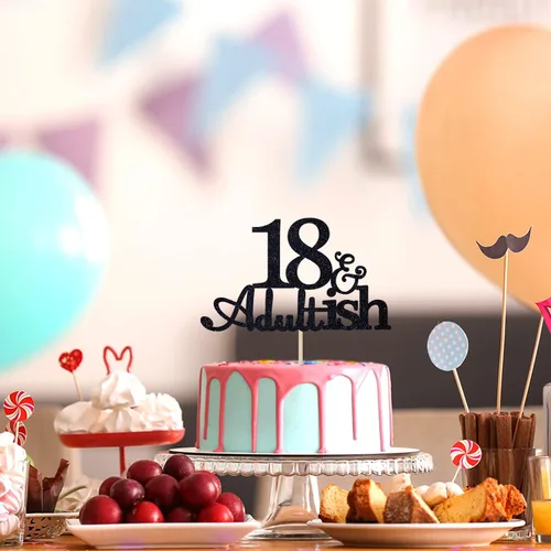 Miniatura 4 de Decoración para pastel de 18 años con purpurina negra y Adultish para fiesta de cumpleaños de dieciocho años, decoraciones de pastel de tiempo