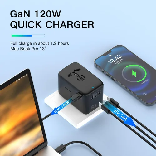 Miniatura 2 de Adaptador de viaje internacional de 120 W, adaptador de corriente mundial 4USB-C y 1USB-A, cargador rápido GaN con enchufes de Reino Unido UE AU EE.