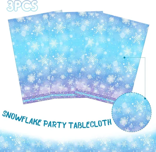 Miniatura 3 de Mantel de copo de nieve azul y blanco, 3 piezas, mantel rectangular de plástico desechable, 70 x 43 pulgadas, suministros para fiesta de cumpleaños