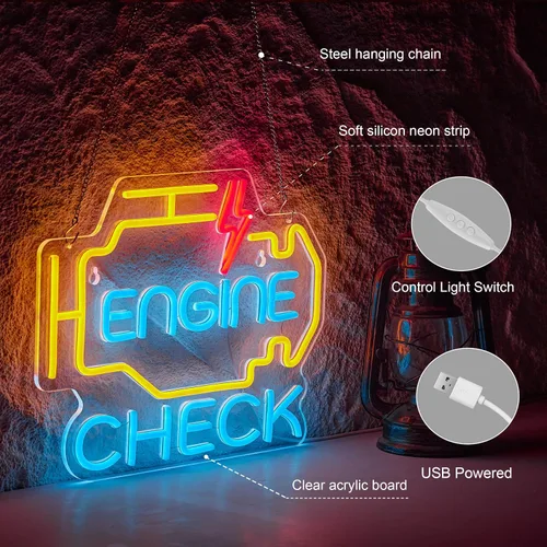 Miniatura 4 de Letrero de neón Check Engine para decoración de pared de garaje, letreros de neón Check Engine para taller de reparación de automóviles con letreros