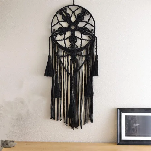 Miniatura 10 de Tapiz de atrapasueños, bohemio, macramé, tejido de algodón, hecho a mano, arte bohemio con borlas, adorno para dormitorio, sala de estar, Marrón