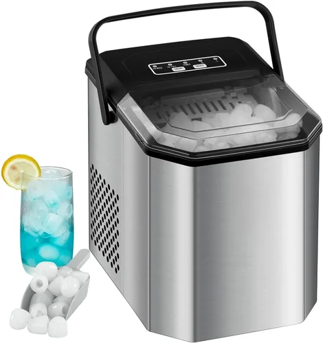 Máquina de hielo para encimera, 26 libras en 24 horas, 9 cubos de hielo de bala listos en 6 minutos, máquina de hielo portátil con asa, 2 tamaños de