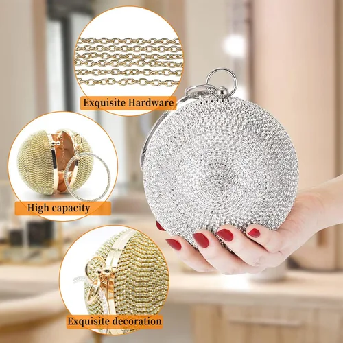 Miniatura 4 de Bolso de mano redondo de cristal para mujer, bolso de noche con diamantes de imitación, lentejuelas brillantes, bolso de hombro con purpurina, bolso