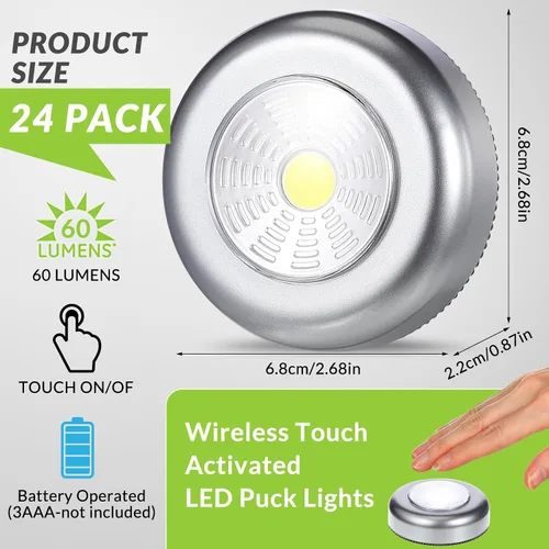 Miniatura 2 de Macarrie Paquete de 24 luces de disco con toque de presión, mini luz nocturna LED inalámbrica táctil de 2.68 pulgadas, 60 lúmenes, funciona