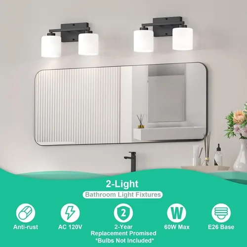 Miniatura 3 de Honesorn Luces Modernas de Tocador - 2 Luces Negras para Baño con Pantalla Esmerilada, E26 Montadas en Pared, Antioxidante
