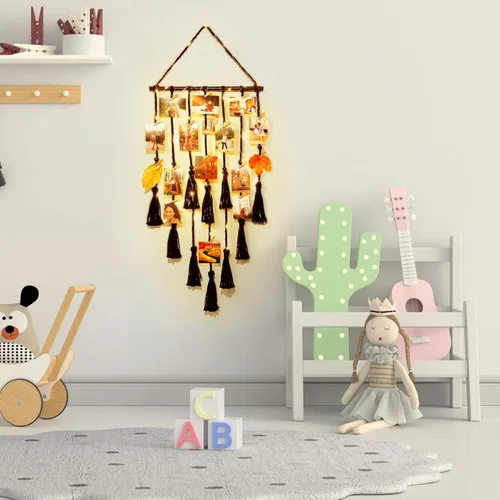 Miniatura 5 de Homecor Decoración de pared colgante de macramé negro, decoración bohemia para habitación, collage de marcos de fotos con luz remota, 30 clips