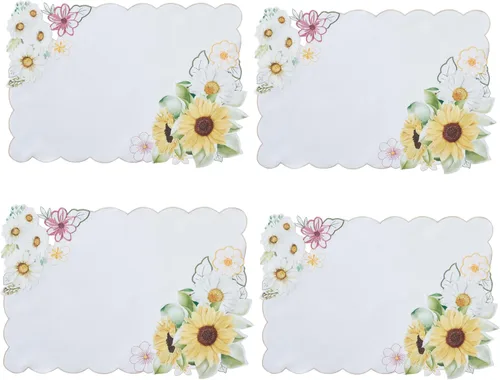 Miniatura 5 de Newbridge Juego de 4 manteles individuales bordados con girasoles amarillos y margaritas, sin arrugas, resistentes a las manchas, para interiores