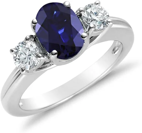 Voss+Agin 2.00CTW Anillo de oro blanco de 14 k con diamantes y zafiro genuino con 3 piedras (6), Piedra preciosa, metal, zafiro azul, diamante blanco