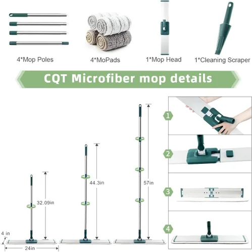 Miniatura 3 de CQT Sistema de Limpieza de Trapeador de Piso de Microfibra Plana Comercial de 24 Pulgadas Húmedo, Seco y Polvo para Madera Dura con 4 Almohadillas