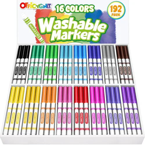 Officygnet 192 marcadores lavables a granel, 16 colores surtidos, punta cónica con marcador de color de línea fina y ancha para niños, marcadores a