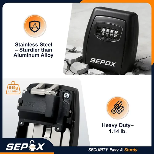 Miniatura 5 de SEPOX® Caja de cerradura de llave de acero inoxidable – Combinación de 4 dígitos reiniciable, resistente y gran espacio, resistente a la intemperie