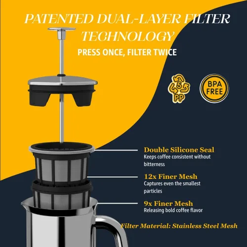 Miniatura 2 de ESPRO P7 - Prensa francesa de acero inoxidable 304 con microfiltro patentado de doble pared y aislamiento, prensa francesa para café con preparación
