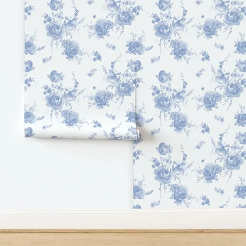 Miniatura 4 de Papel tapiz para despegar y pegar, romántico, floral, azul, blanco, shabby chic, flores descoloridas de primavera, papel tapiz extraíble
