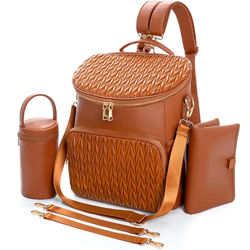 Miniatura 12 de Mochila para pañales, mochilas de cuero de moda para mamá, bolsas de pañales para bebés pequeños con organizador en bolsa y cambiador, Negro, M