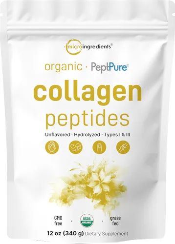 Micro Ingredients Péptidos de colágeno en polvo orgánico, 12 onzas | Tipo I y III + proteína natural | Fuente bovina alimentada con pasto | Sin