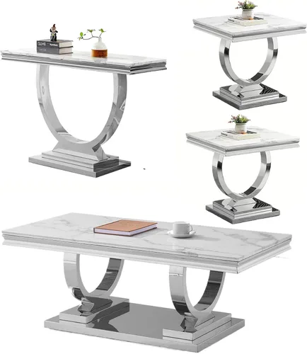 Miniatura 13 de Juego de 2 mesas de café de mármol, juego de mesa de sala de estar de 2 piezas que incluye 1 mesa auxiliar y 1 mesa auxiliar, moderna mesa auxiliar