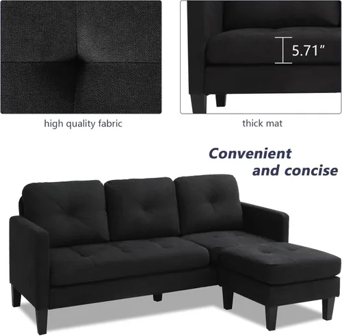 Miniatura 3 de Grepatio Sofá modular convertible, sofá en forma de L de 3 asientos con tela de lino moderna para espacio pequeño y sala de estar (negro)