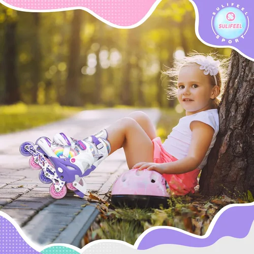 Miniatura 6 de SULIFEEL Patines en línea de unicornio arcoíris para niñas y niños, 4 tamaños, ajustables, con ruedas iluminadas, para niños principiantes b púrpura