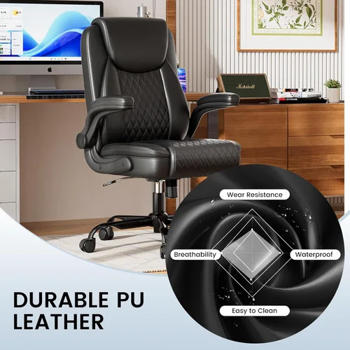 Miniatura 8 de COMHOMA Silla de oficina de cuero, silla de escritorio para computadora con brazos abatibles y respaldo ergonómico, silla ejecutiva resistente