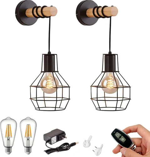 Miniatura 5 de Kiven Apliques de pared industriales vintage de metal negro, lámpara de pared a pilas con control remoto, lámpara de lectura para montaje en pared