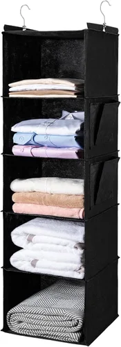 BOOMIBOO Organizador de armario colgante y estantes, 5 estantes colgantes con 2 bolsillos laterales, almacenamiento plegable (negro)