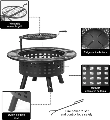 Miniatura 7 de Verdeluxe Hoguera al Aire Libre de 91 cm con Parrilla, Hogueras de Leña para Exteriores con Tapa y Atizador, Mesa de Hoguera 3 en 1 de Metal