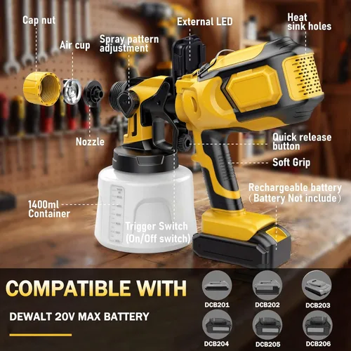 Miniatura 6 de Pulverizador de pintura inalámbrico compatible con batería Dewalt de 20 V MAX (sin batería), pistola de pintura eléctrica con luz LED, 4 boquillas