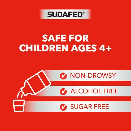 Miniatura 5 de Sudafed Descongestionante Nasal PE Para Niños, Medicina Líquida para el Alivio del Resfriado con Fenilefrina HCl, Sin Alcohol y Sin Azúcar, Sabor a