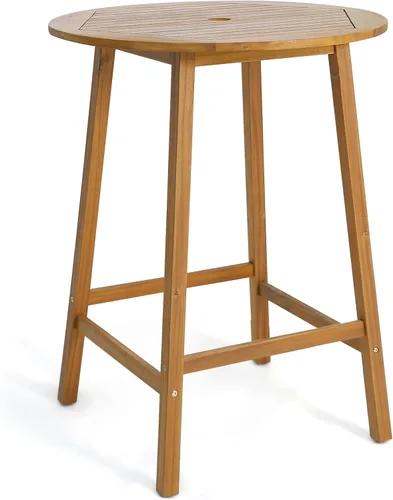 Miniatura 9 de Tangkula Mesa de bar de madera de acacia de 31.5 pulgadas, mesa redonda de bistró con agujero para paraguas, mesa de comedor al aire libre