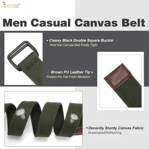 Miniatura 3 de JASGOOD Cinturones de tela de lona para hombre, cinturones casuales de tela con hebilla de doble anillo negro, paquete de 2