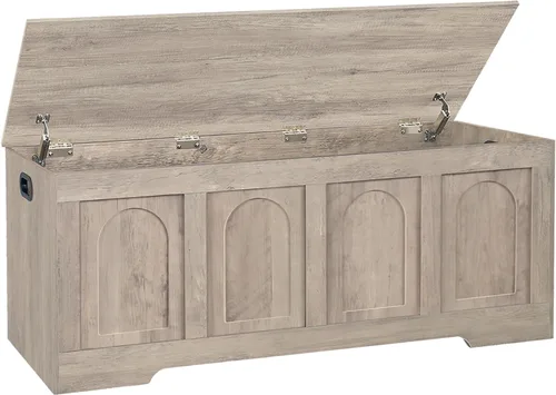 Miniatura 25 de DINZI LVJ Baúl de almacenamiento, caja de juguetes de madera de 39.4 pulgadas con 2 bisagras de seguridad, banco de zapatos de entrada con tapa