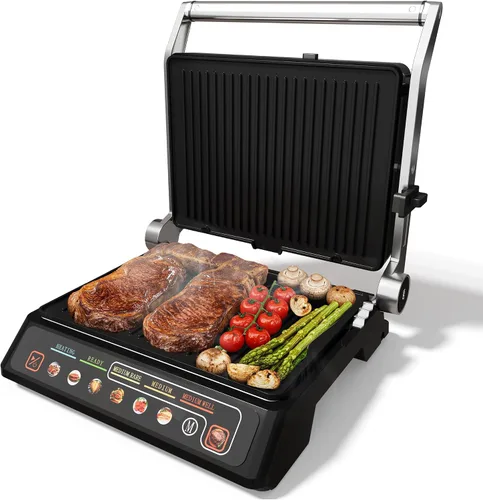 Miniatura 10 de Parrilla y plancha para interiores 3 en 1: apertura plana de 180°, menú preestablecido, sandwichera de prensa Panini eléctrica de 1600 W con placas