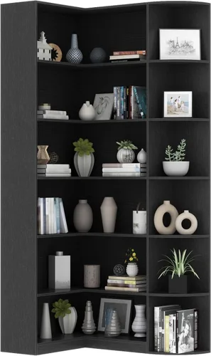 Loomie - Estantería negra de 6 niveles, estantería grande y alta de esquina en forma de L con divisor completo, estanterías industriales modernas