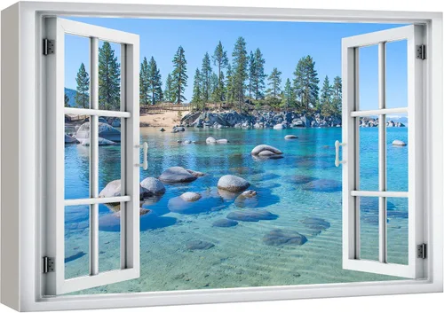 Miniatura 45 de wall26 - Cuadro en lienzo para pared, vista de ventana, atardecer neón, cielo, palmera tropical, playa, naturaleza, desierto, fotografía, realismo