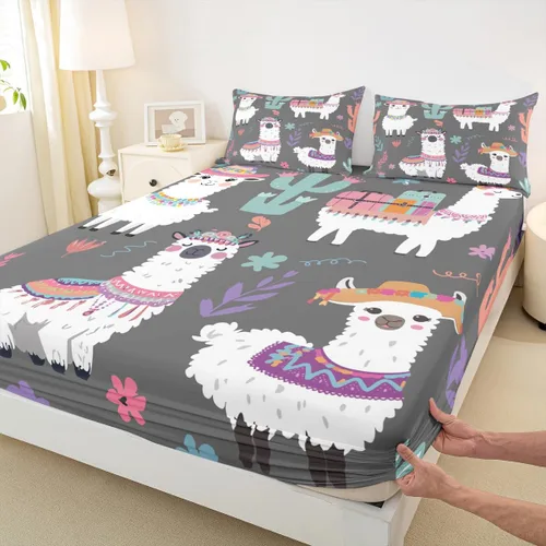 Miniatura 4 de Juego de sábanas para niños, bonito juego de ropa de cama con estampado de llama de dibujos animados y alpaca, sábana bajera ajustable para niños