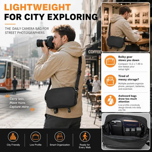 Miniatura 4 de Comecase Bolsa rígida para cámara DSLR y sin espejo/resistente al agua con soporte para trípode, acceso rápido para viajes, fotografía de calle