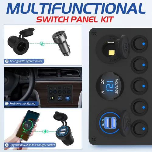 Miniatura 3 de RVMARINEPAT Panel de Interruptores Basculantes de 5 Posiciones Certificado UL Panel de Interruptores de 12 Voltios ON-OFF LED Azul con Fusible