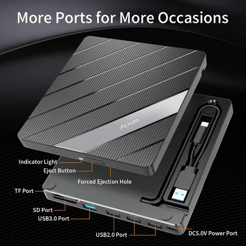 Miniatura 3 de Alxum Unidad externa de CD y DVD para portátil, 8 en 1, grabadora regrabadora de CD y DVD portátil con múltiples puertos, compatible con velocidad