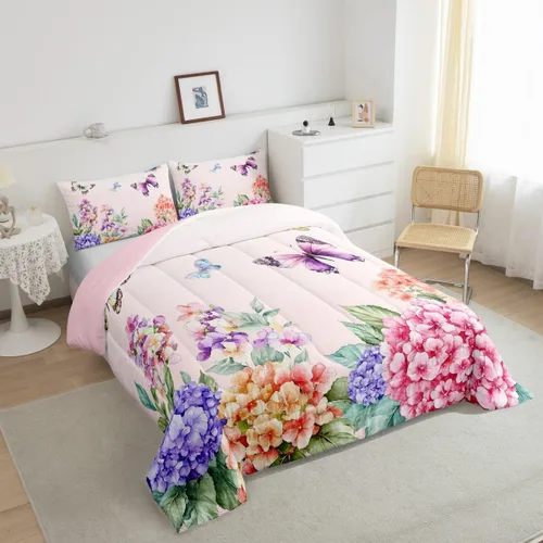 Miniatura 2 de Juego de edredón de mariposa morada tamaño individual para niñas y niños, ropa de cama rosa degradado, relleno de edredón de mariposa de ensueño