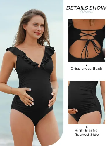 Miniatura 2 de Summer Mae Traje de baño de maternidad con cuello en V traje de baño de una pieza con volantes y cordones