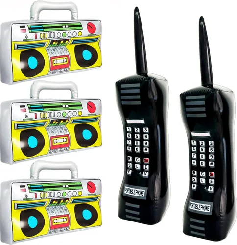 5 piezas de radio inflable Boombox teléfono móvil inflable, teléfono móvil retro para decoraciones de fiesta de los años 80 y 90, disfraz de hip