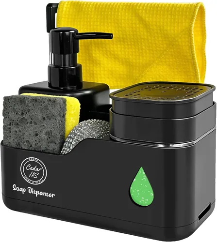 Juego de dispensador de jabón para manos y platos de cocina (negro) – Botellas de doble bomba con soporte para esponja, soporte para cepillo, barra