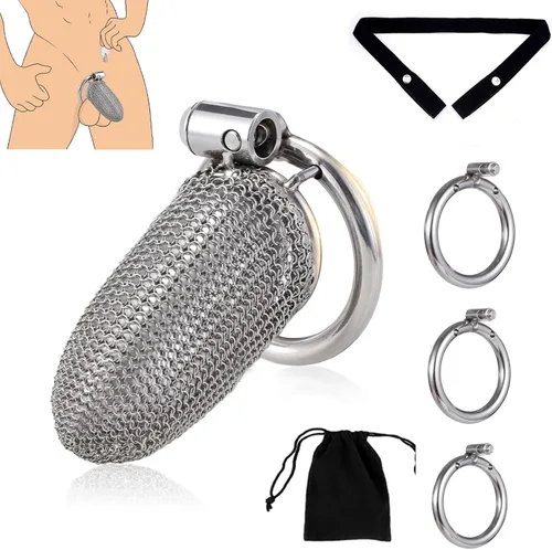 Miniatura 7 de Jaula de castidad con cinturón, dispositivo de castidad masculina con bloqueo invisible, 3 tamaños de anillos